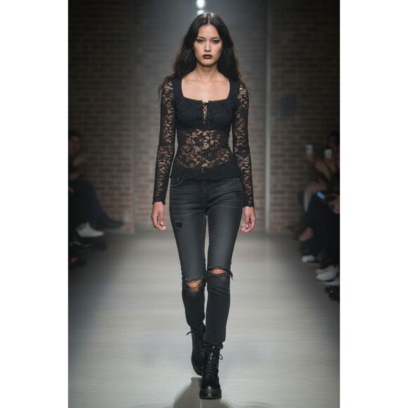 Papillon Blanc Vintage Lace Long Sleeve Corset Grunge Coquette Blouse Small